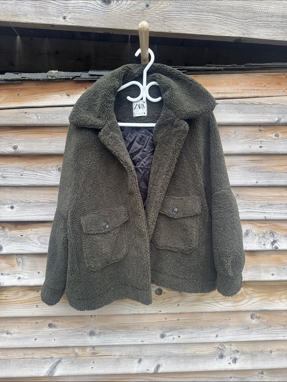 ZARA Dark Olive Teddy Sherpa Coat